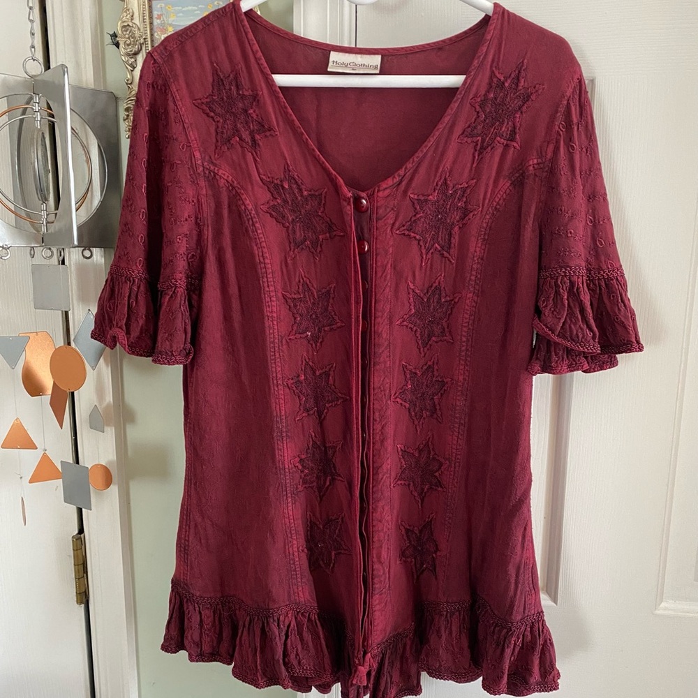 Holy Clothing Womens L Tunic Burgundy/Wine Embroidered Renaissance Peasant Top